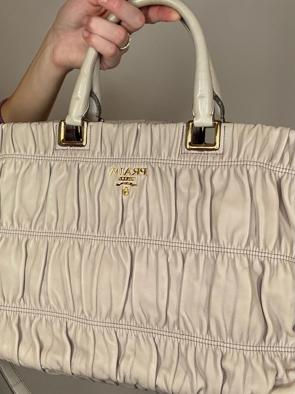 Prada Cream Ruched Leather Tote with Gold Hardware